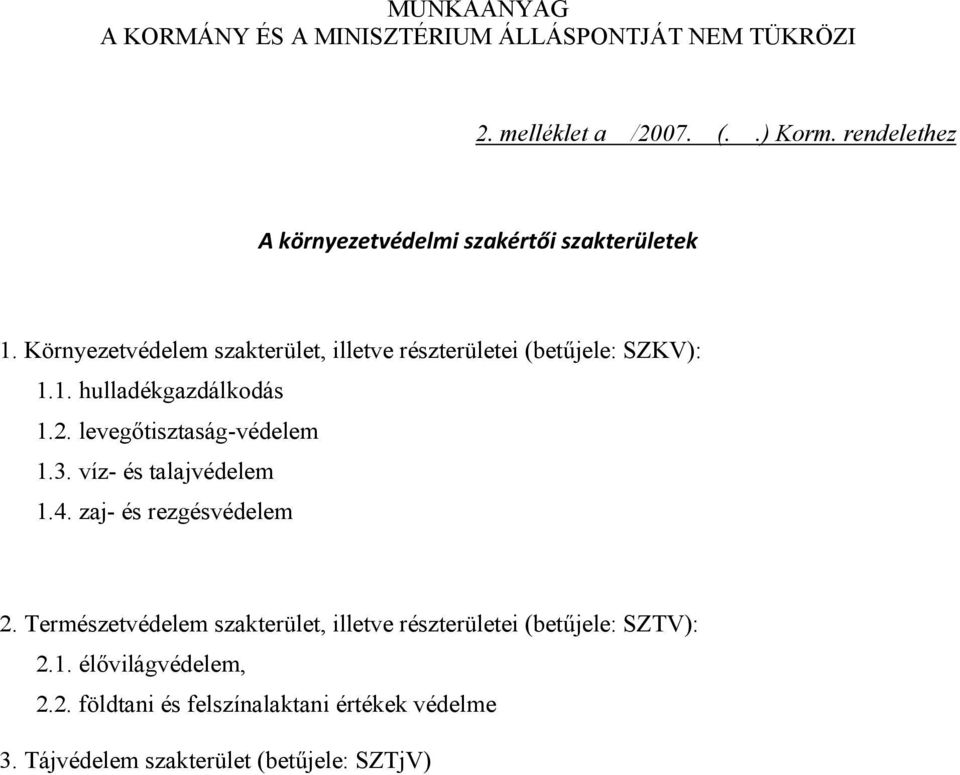 1. hulladékgazdálkodás 1.2. levegőtisztaság-védelem 1.3. víz- és talajvédelem 1.4. zaj- és rezgésvédelem 2.