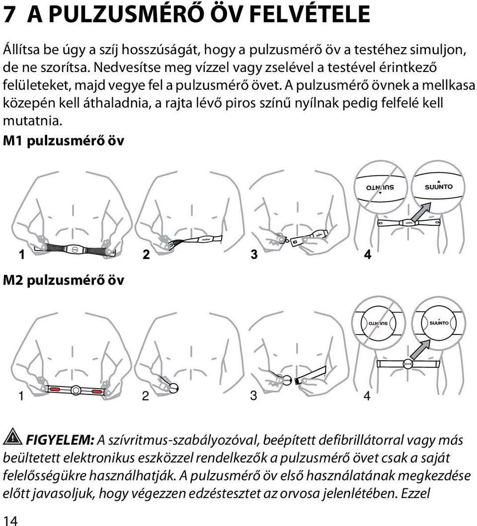 A pulzusmérő övnek a mellkasa közepén kell áthaladnia, a rajta lévő piros színű nyílnak pedig felfelé kell mutatnia.