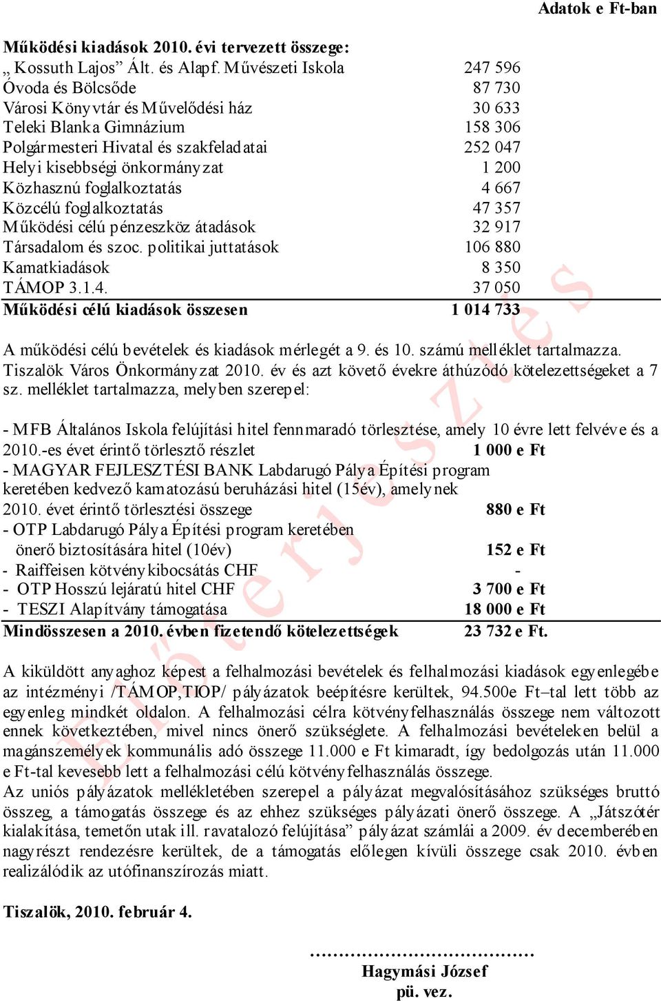 1 200 Közhasznú foglalkoztatás 4 667 Közcélú foglalkoztatás 47 357 Működési célú pénzeszköz átadások 32 917 Társadalom és szoc. politikai juttatások 106 880 Kamatkiadások 8 350 TÁMOP 3.1.4. 37 050 Működési célú kiadások összesen 1 014 733 A működési célú bevételek és kiadások mérlegét a 9.