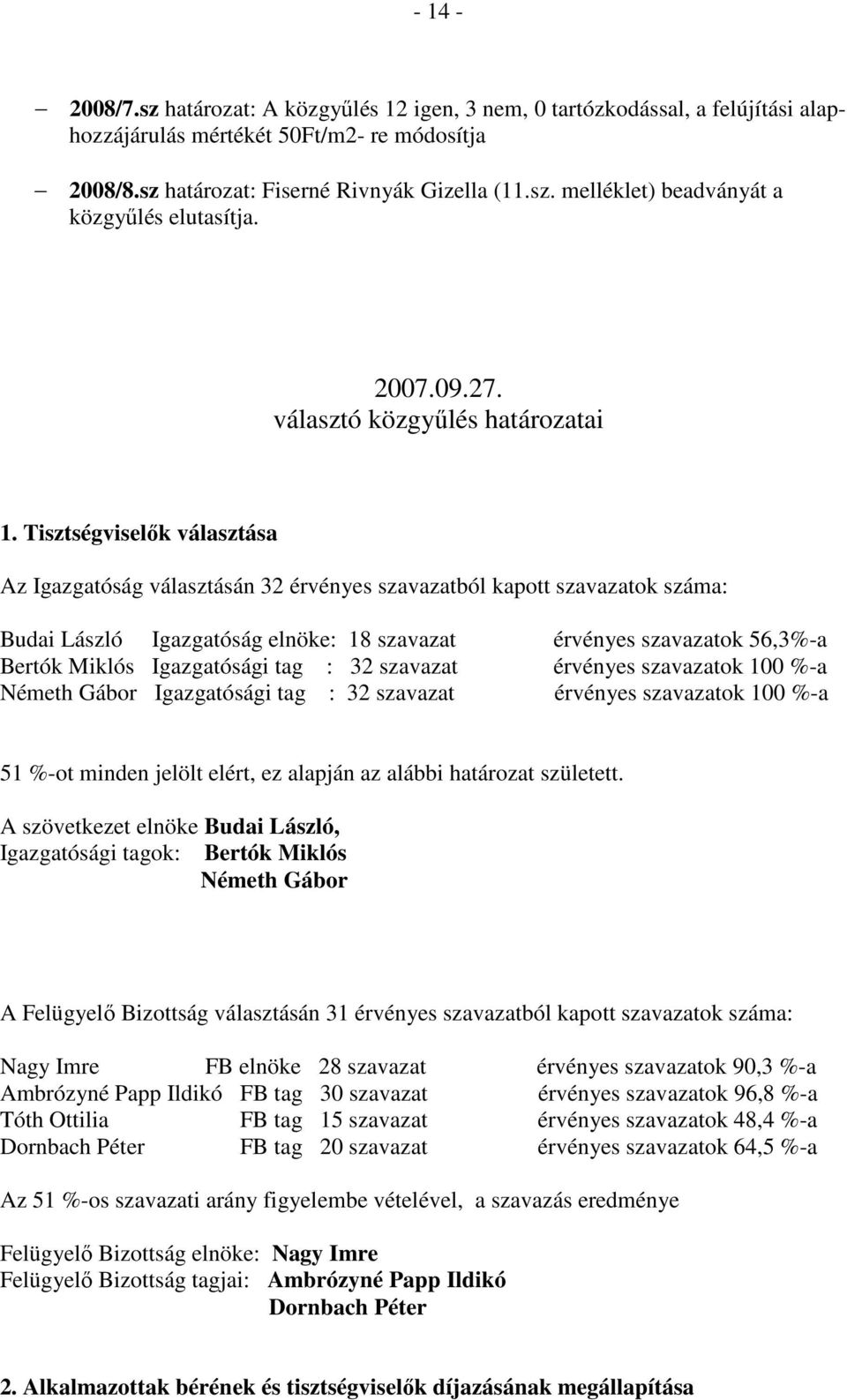 Tisztségviselık választása Az Igazgatóság választásán 32 érvényes szavazatból kapott szavazatok száma: Budai László Igazgatóság elnöke: 18 szavazat érvényes szavazatok 56,3%-a Bertók Miklós