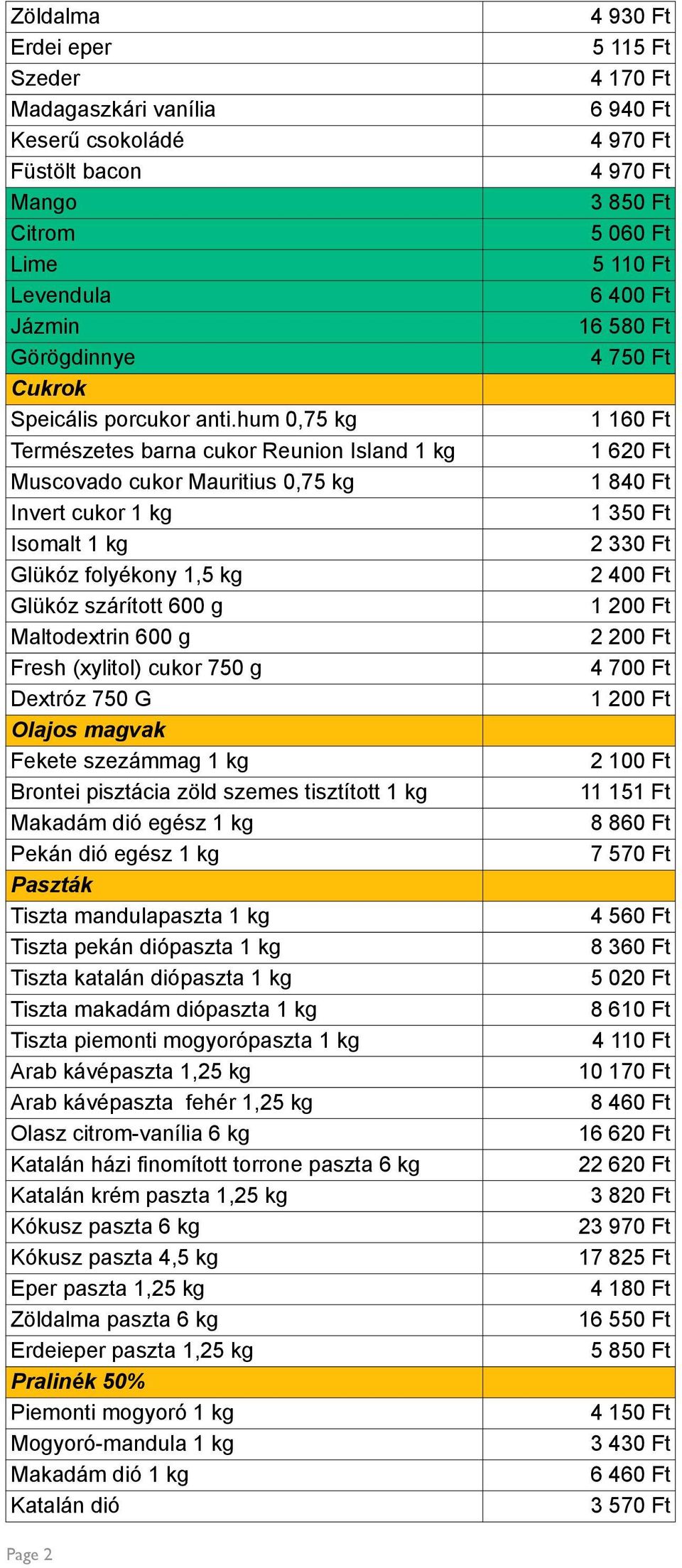 (xylitol) cukor 750 g Dextróz 750 G Olajos magvak Fekete szezámmag 1 kg Brontei pisztácia zöld szemes tisztított 1 kg Makadám dió egész 1 kg Pekán dió egész 1 kg Paszták Tiszta mandulapaszta 1 kg