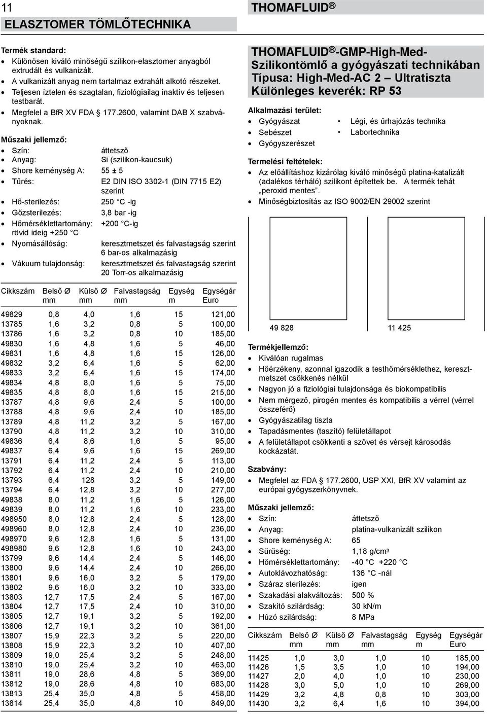 áttetsző Si (szilikon-kaucsuk) Shore keménység A: 55 ± 5 Tűrés: E2 DIN ISO 3302-1 (DIN 7715 E2) szerint Hő-sterilezés: 250 C -ig Gőzsterilezés: 3,8 bar -ig Hőmérséklettartomány: +200 C-ig rövid ideig