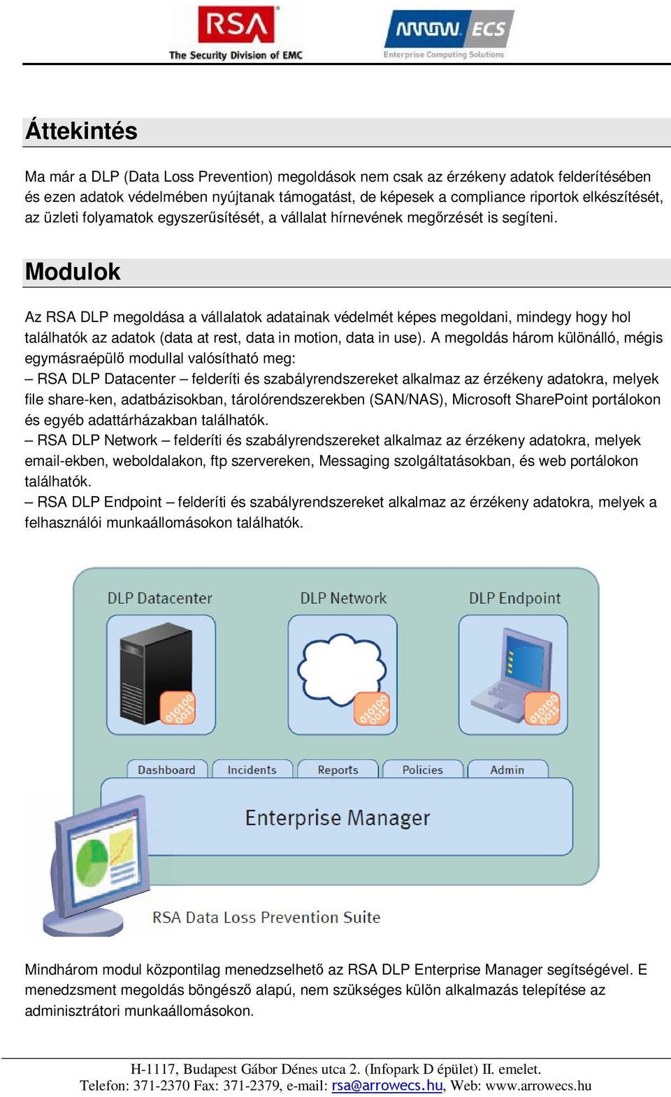 Modulok Az RSA DLP megoldása a vállalatok adatainak védelmét képes megoldani, mindegy hogy hol találhatók az adatok (data at rest, data in motion, data in use).