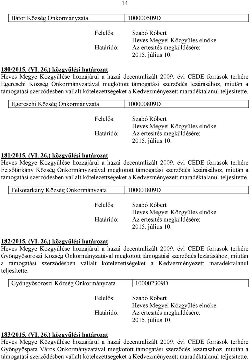 ) közgyűlési határozat Heves Megye Közgyűlése hozzájárul a hazai decentralizált 2009.