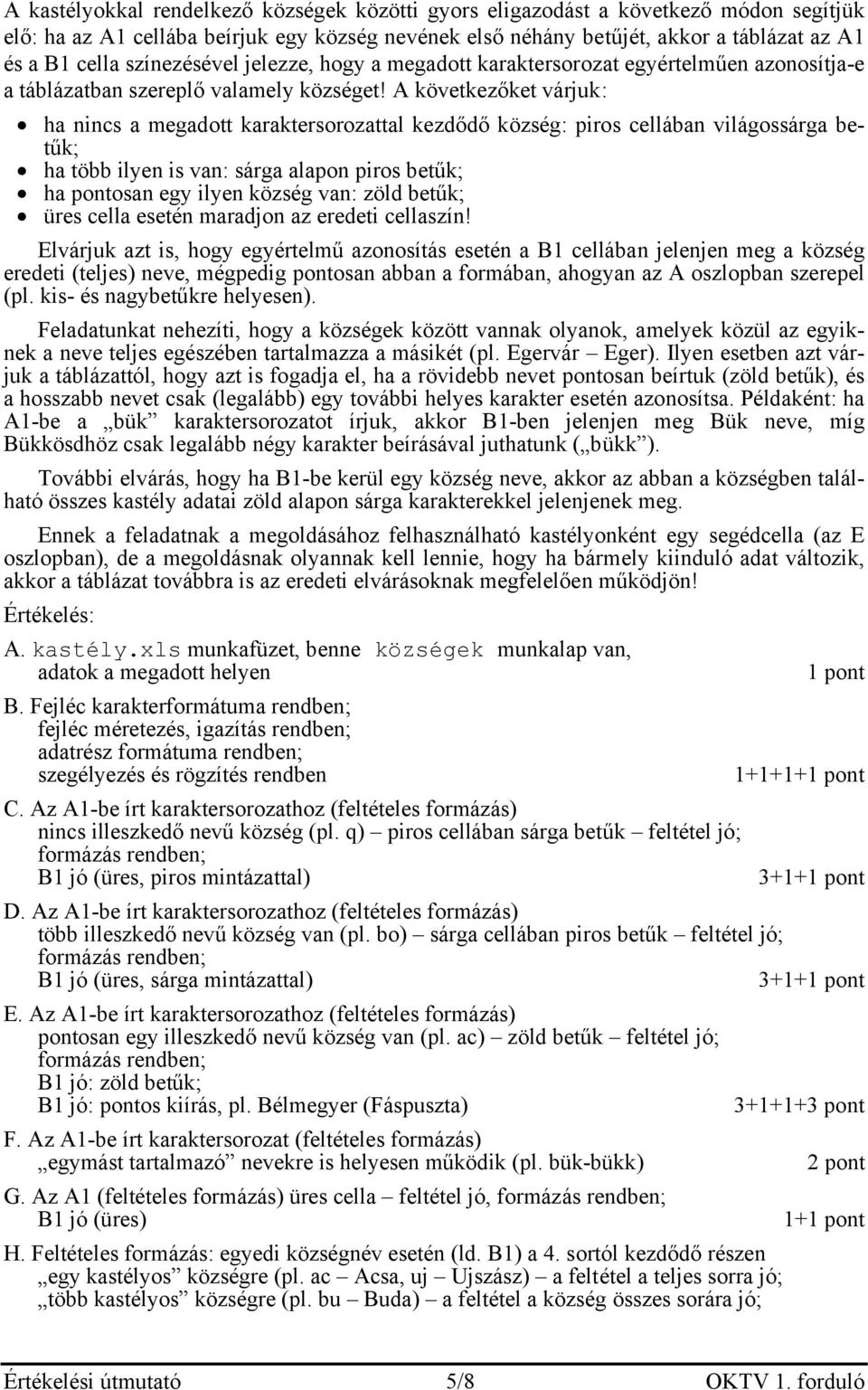 A következőket várjuk: ha nincs a megadott karaktersorozattal kezdődő község: piros cellában világossárga betűk; ha több ilyen is van: sárga alapon piros betűk; ha pontosan egy ilyen község van: zöld