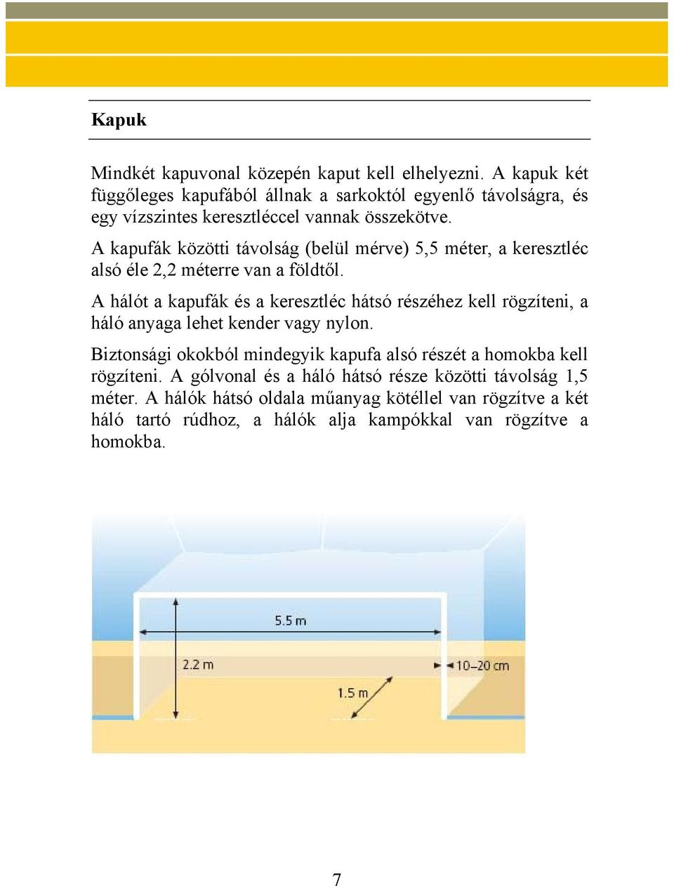 A kapufák közötti távolság (belül mérve) 5,5 méter, a keresztléc alsó éle 2,2 méterre van a földtől.