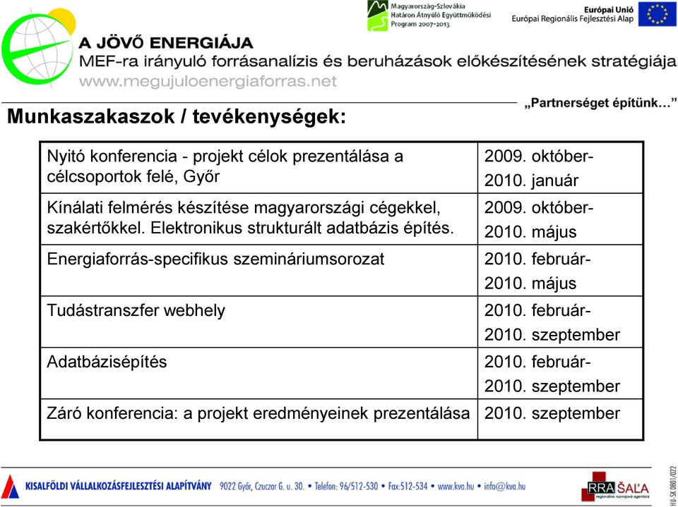 Energiaforrás-specifikus szemináriumsorozat Tudástranszfer webhely Adatbázisépítés Záró konferencia: a projekt eredményeinek