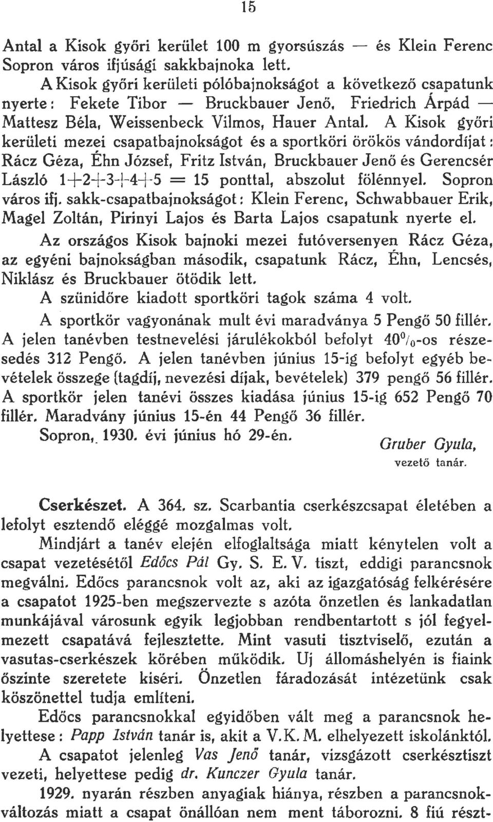 A Kisok györi kerüeti mezei csapatbajnokságot és a sportköri örökös vándordíjat : Rácz Géza, Éhn József, Fritz István, Bruckbauer Jenő és Gerencsér Lászó 1 + + 3+ 4+ 5 = 15 pontta, abszout föénnye.