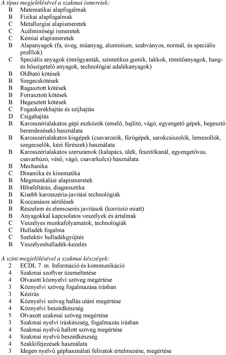 Szegecskötések Ragasztott kötések Forrasztott kötések Hegesztett kötések Fogaskerékhajtás és szíjhajtás D sigahajtás Karosszérialakatos gépi eszközök (emelő, hajlító, vágó, egyengető gépek, hegesztő