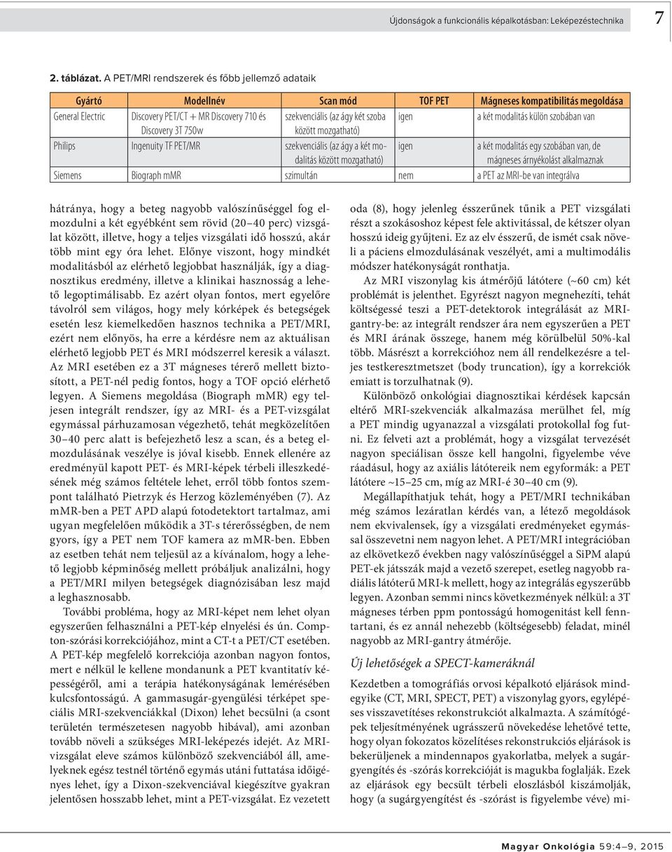 szoba igen a két modalitás külön szobában van Discovery 3T 750w között mozgatható) Philips Ingenuity TF PET/MR szekvenciális (az ágy a két modalitás között mozgatható) igen a két modalitás egy