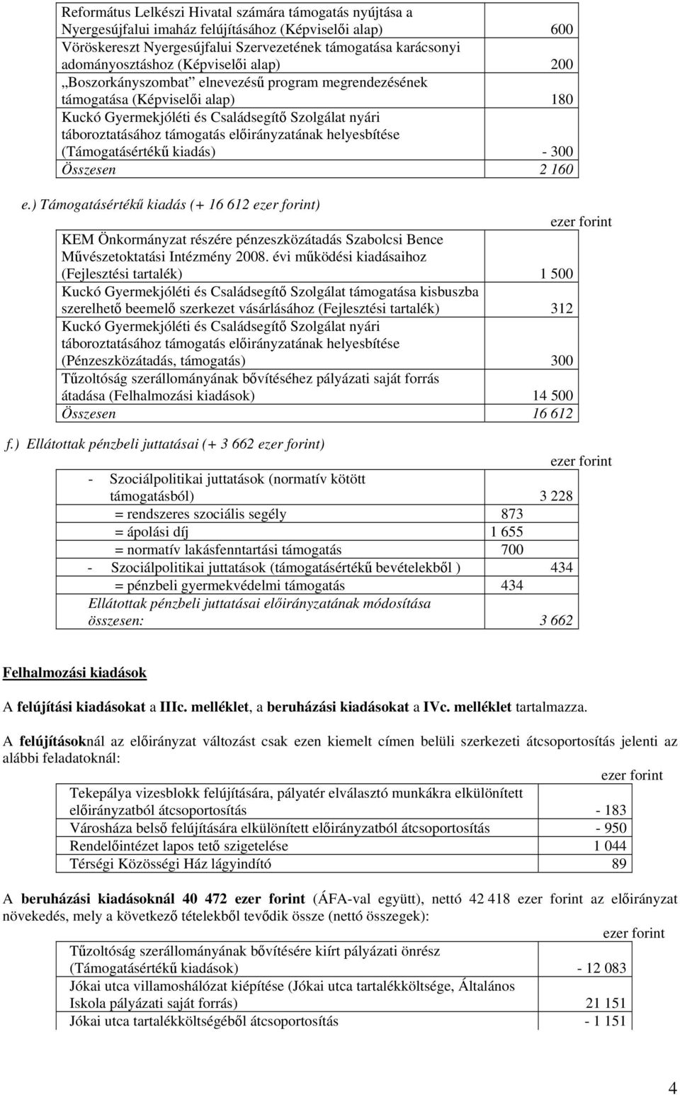 helyesbítése (Támogatásértékű kiadás) - 300 Összesen 2 160 e.) Támogatásértékű kiadás (+ 16 612 ) KEM Önkormányzat részére pénzeszközátadás Szabolcsi Bence Művészetoktatási Intézmény 2008.