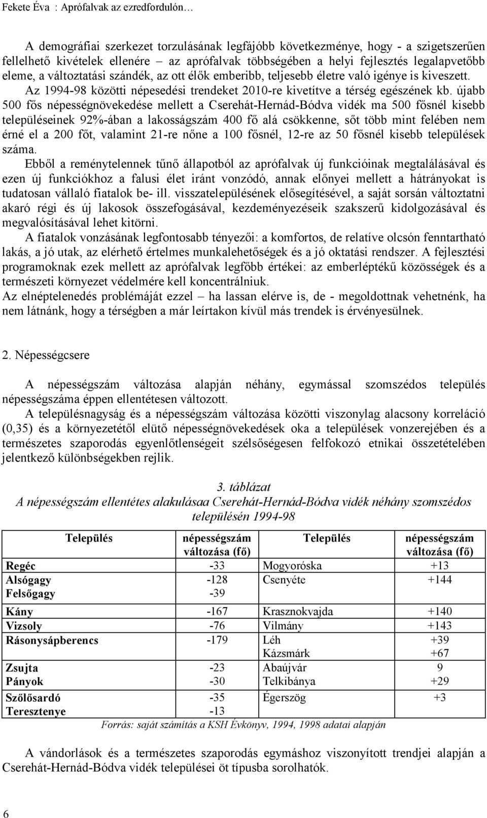 újabb 500 fős népességnövekedése mellett a Cserehát-Hernád-Bódva vidék ma 500 fősnél kisebb településeinek 92%-ában a lakosságszám 400 fő alá csökkenne, sőt több mint felében nem érné el a 200 főt,