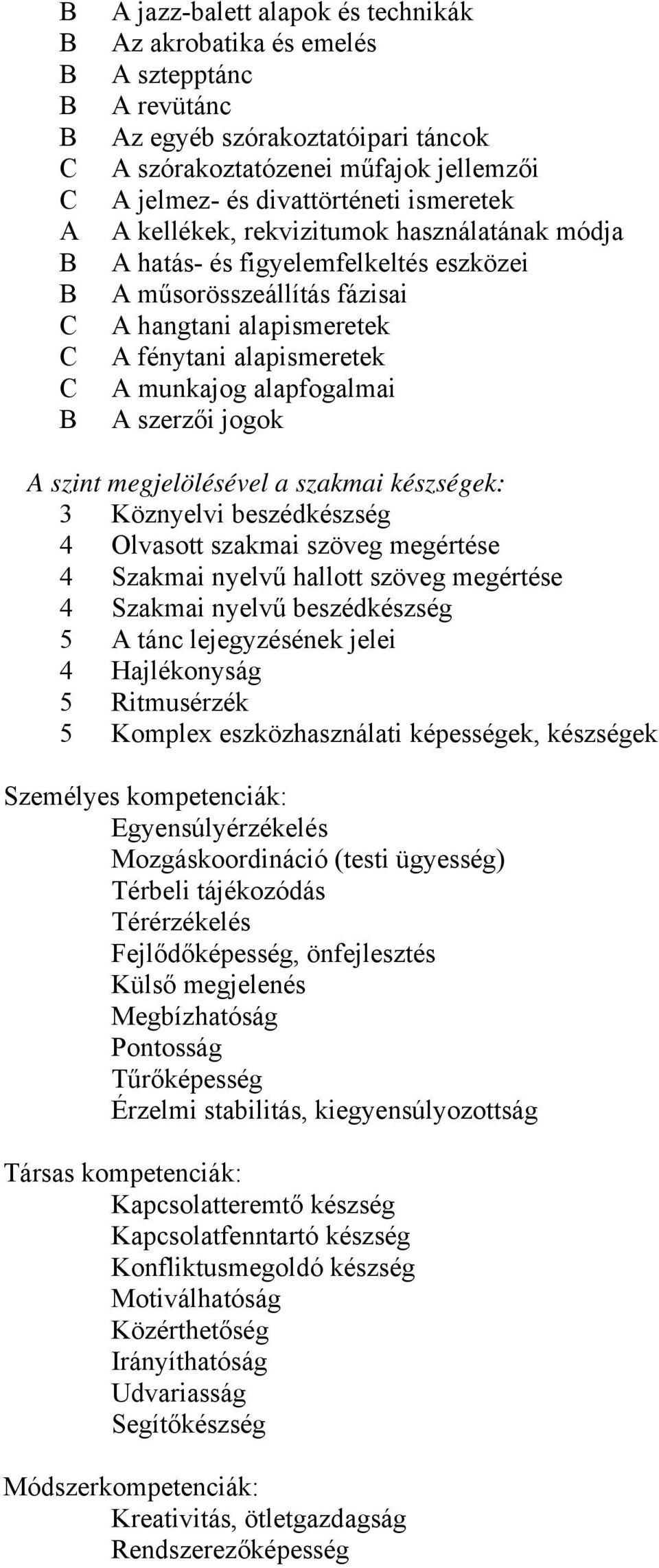 A szint megjelölésével a szakmai készségek: 3 Köznyelvi beszédkészség 4 Olvasott szakmai szöveg megértése 4 Szakmai nyelvű hallott szöveg megértése 4 Szakmai nyelvű beszédkészség 5 A tánc