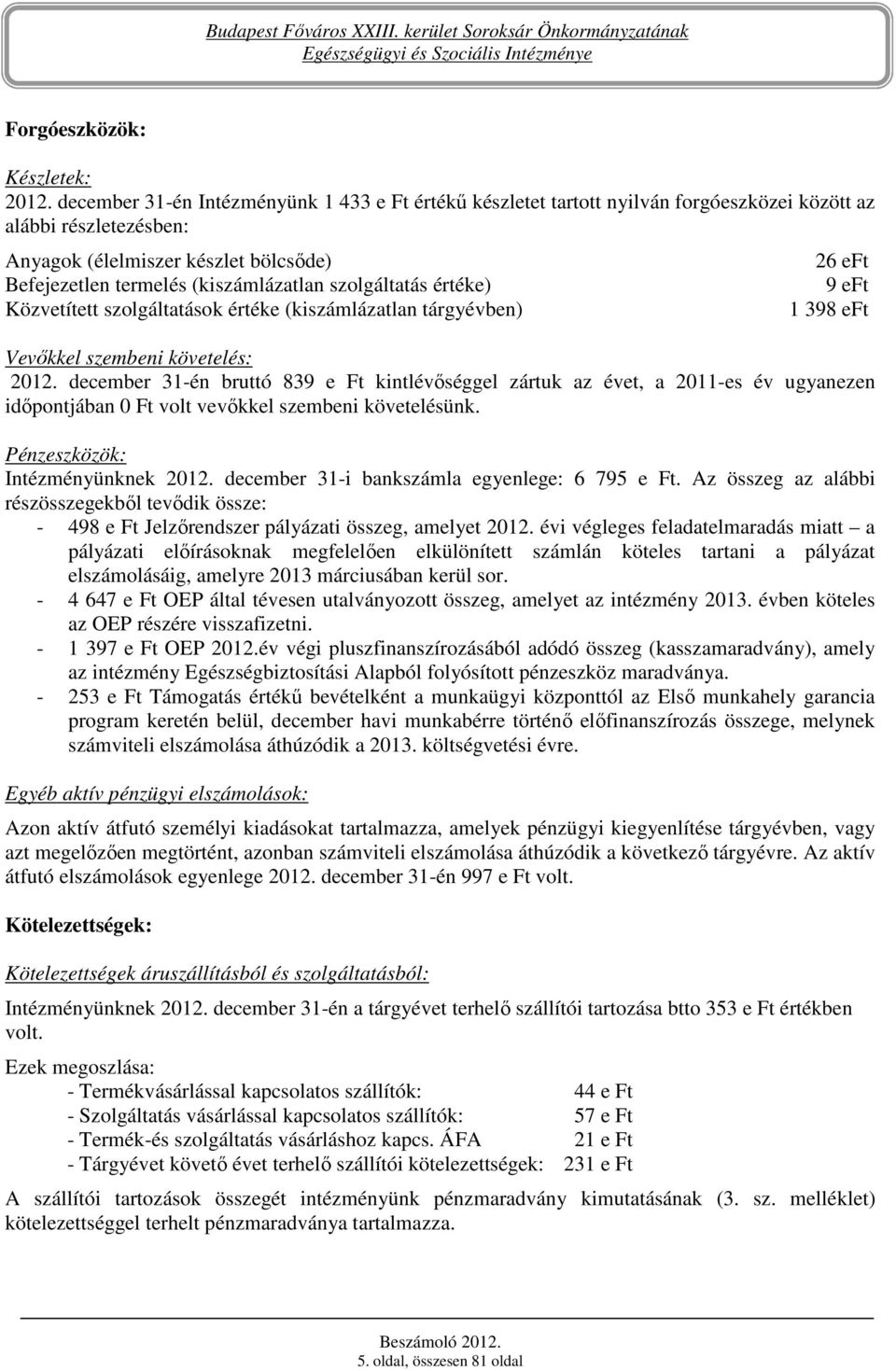 szolgáltatás értéke) Közvetített szolgáltatások értéke (kiszámlázatlan tárgyévben) 26 eft 9 eft 1 398 eft Vevıkkel szembeni követelés: 2012.