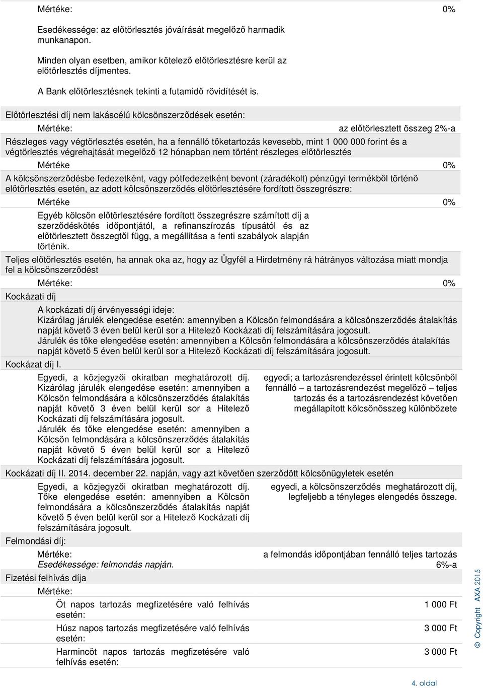 Előtörlesztési díj nem lakáscélú kölcsönszerződések esetén: az előtörlesztett összeg 2%-a Részleges vagy végtörlesztés esetén, ha a fennálló tőketartozás kevesebb, mint 1 000 000 forint és a