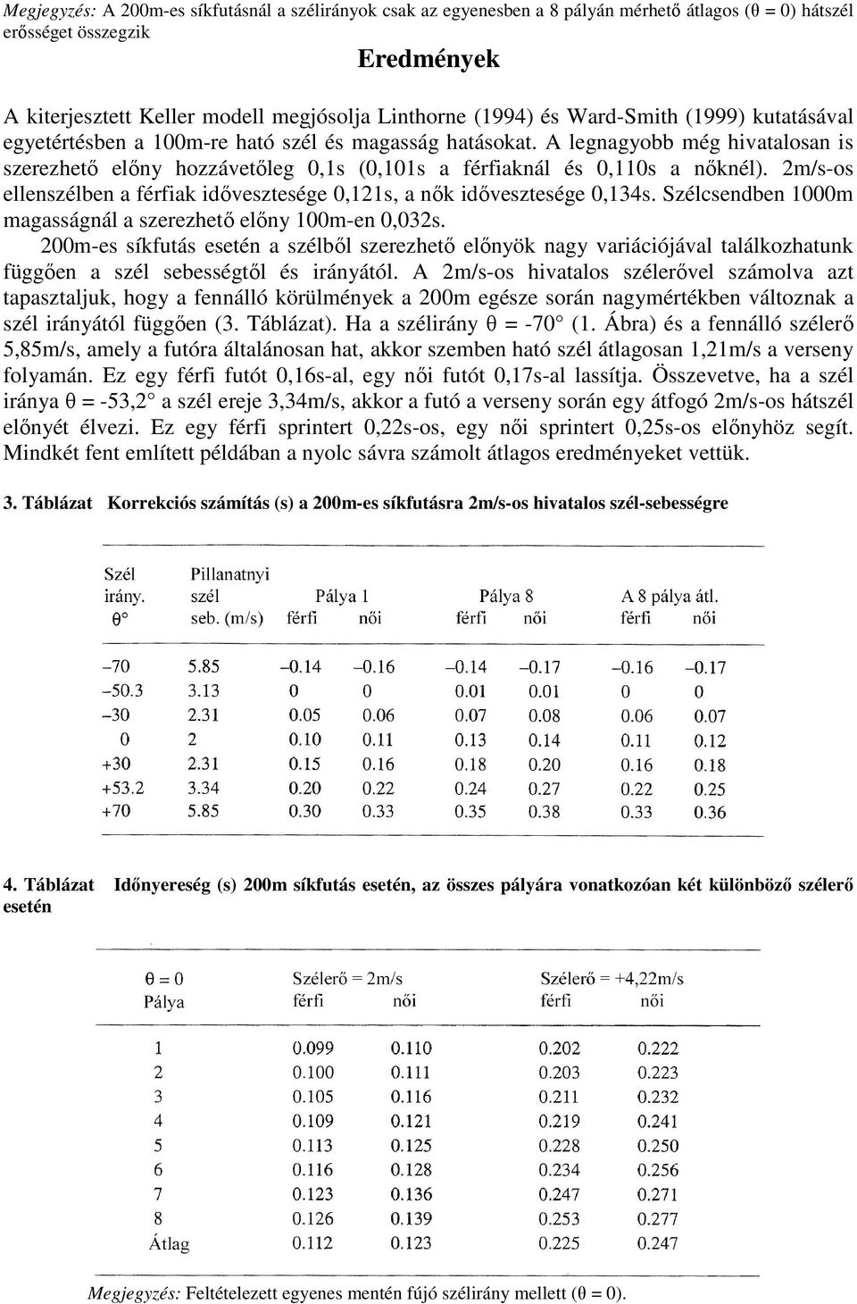 2m/s-os ellenszélben a férfiak idıvesztesége 0,121s, a nık idıvesztesége 0,134s. Szélcsendben 1000m magasságnál a szerezhetı elıny 100m-en 0,032s.