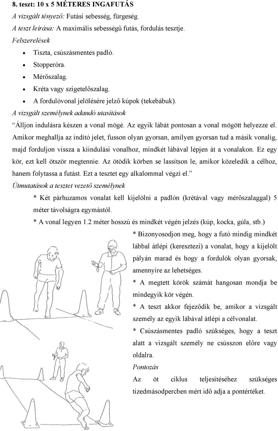 Amikor meghallja az indító jelet, fusson olyan gyorsan, amilyen gyorsan tud a másik vonalig, majd forduljon vissza a kiindulási vonalhoz, mindkét lábával lépjen át a vonalakon.