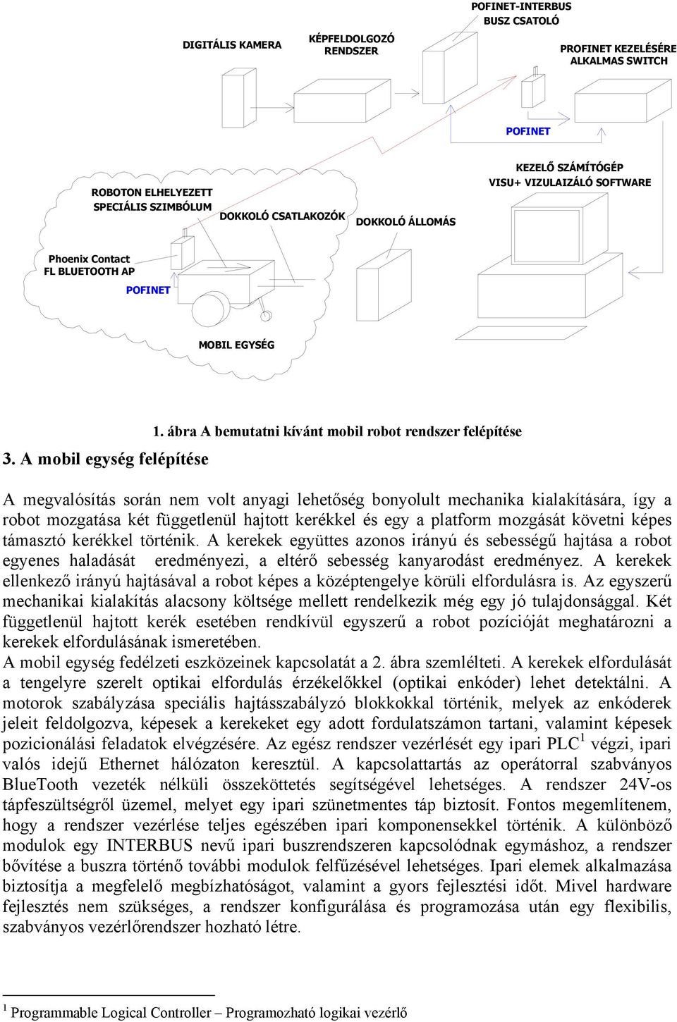 ábra A bemutatni kívánt mobil robot rendszer felépítése A megvalósítás során nem volt anyagi lehetőség bonyolult mechanika kialakítására, így a robot mozgatása két függetlenül hajtott kerékkel és egy