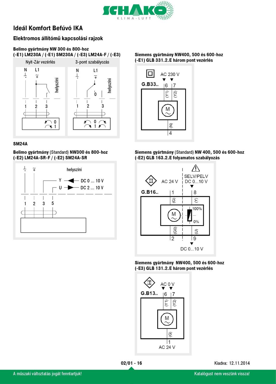 E három pont vezérlés 1 2 3 1 2 3 0 1 0 1 SM24A Belimo gyártmány (Standard) NW300 és 800-hoz (-E2) LM24A-SR-F / (-E2) SM24A-SR Siemens gyártmány