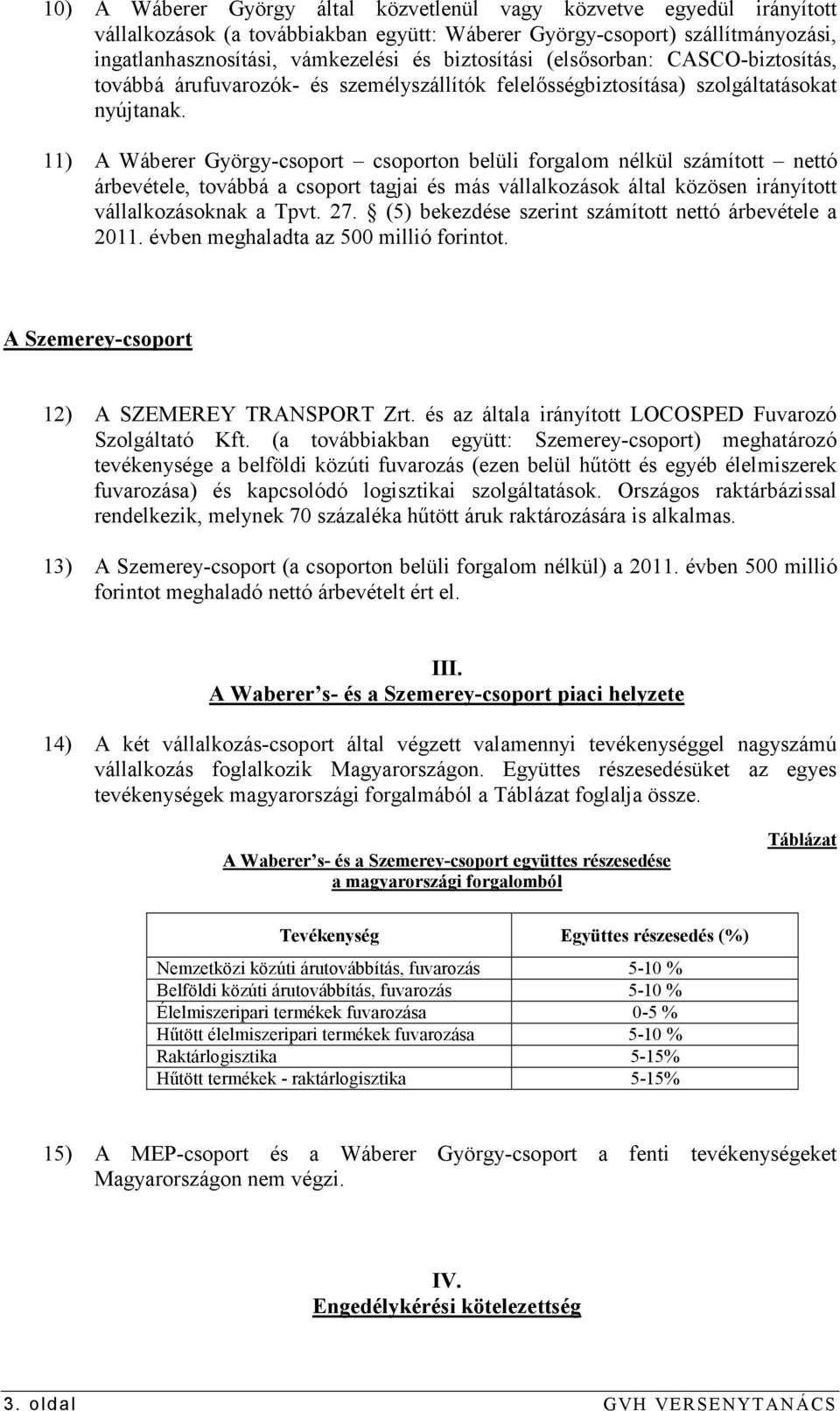 11) A Wáberer György-csoport csoporton belüli forgalom nélkül számított nettó árbevétele, továbbá a csoport tagjai és más vállalkozások által közösen irányított vállalkozásoknak a Tpvt. 27.