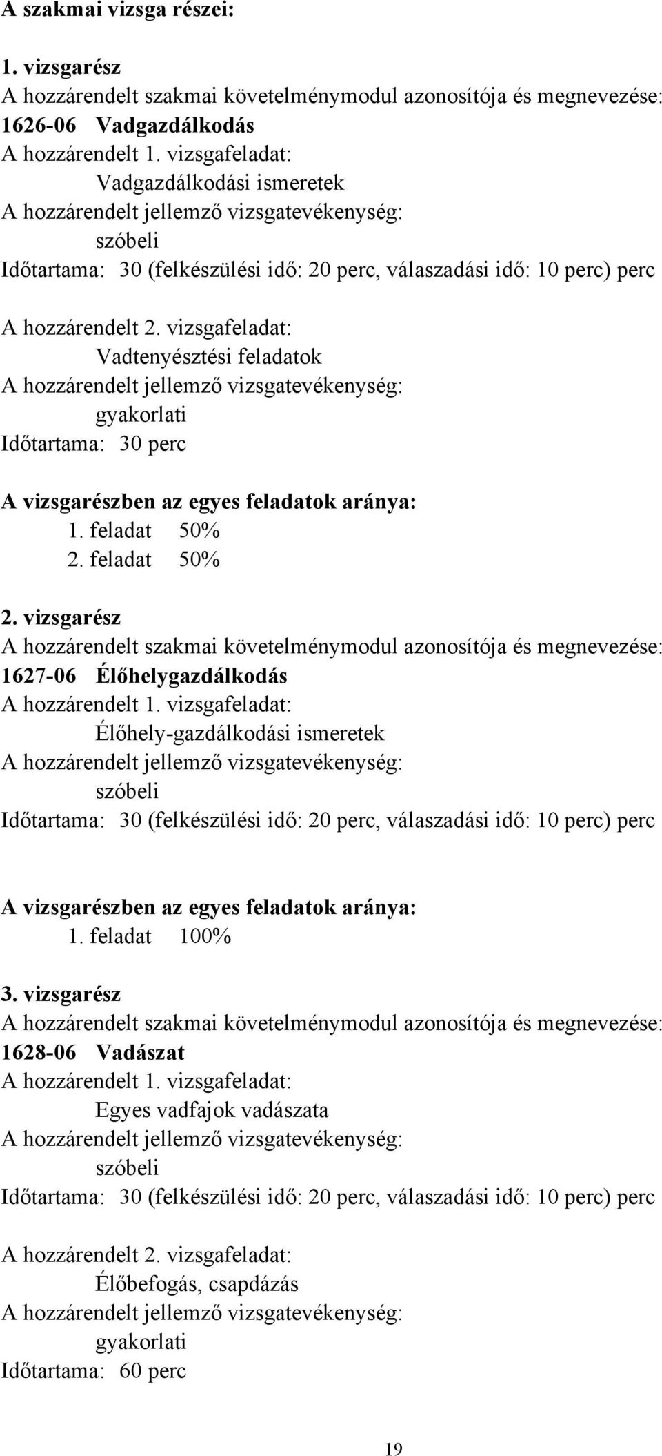 vizsgafeladat: Vadtenyésztési feladatok A hozzárendelt jellemző vizsgatevékenység: Időtartama: 30 perc A vizsgarészben az egyes feladatok aránya: 1. feladat 50% 2.