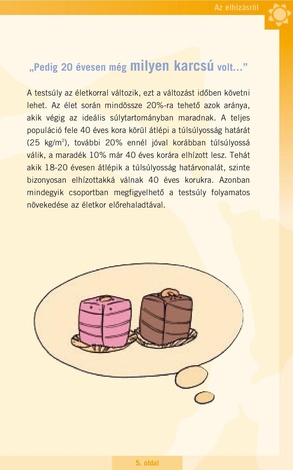 A teljes populáció fele 40 éves kora körül átlépi a túlsúlyosság határát (25 kg/m 2 ), további 20% ennél jóval korábban túlsúlyossá válik, a maradék 10% már 40