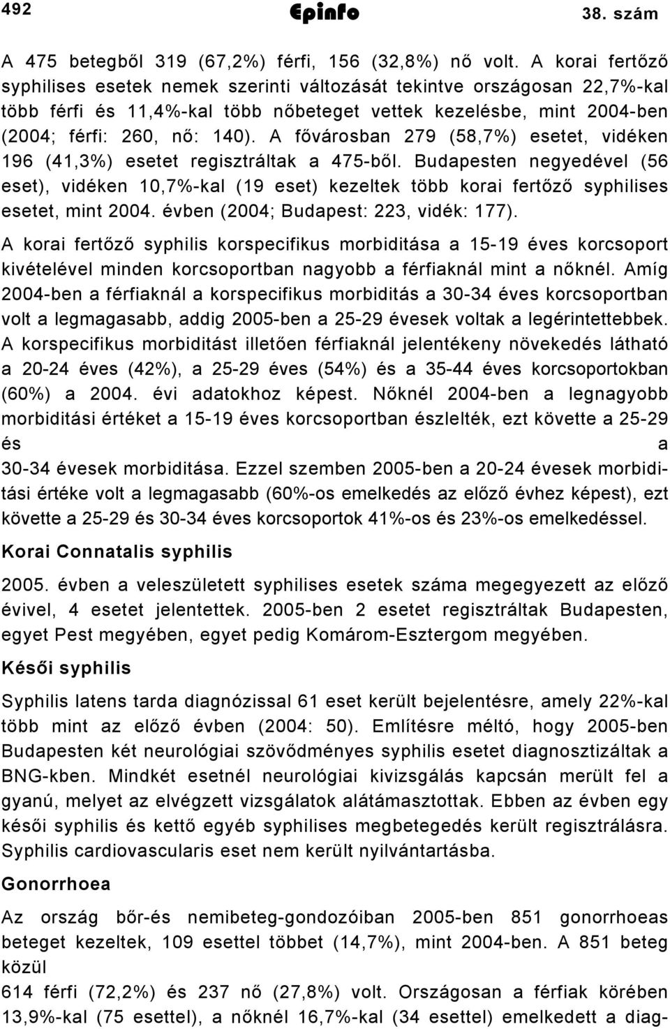 A fővárosban 279 (58,7%) esetet, vidéken 96 (4,3%) esetet regisztráltak a 475-ből. Budapesten negyedével (56 eset), vidéken,7%-kal (9 eset) kezeltek több korai fertőző syphilises esetet, mint 2004.