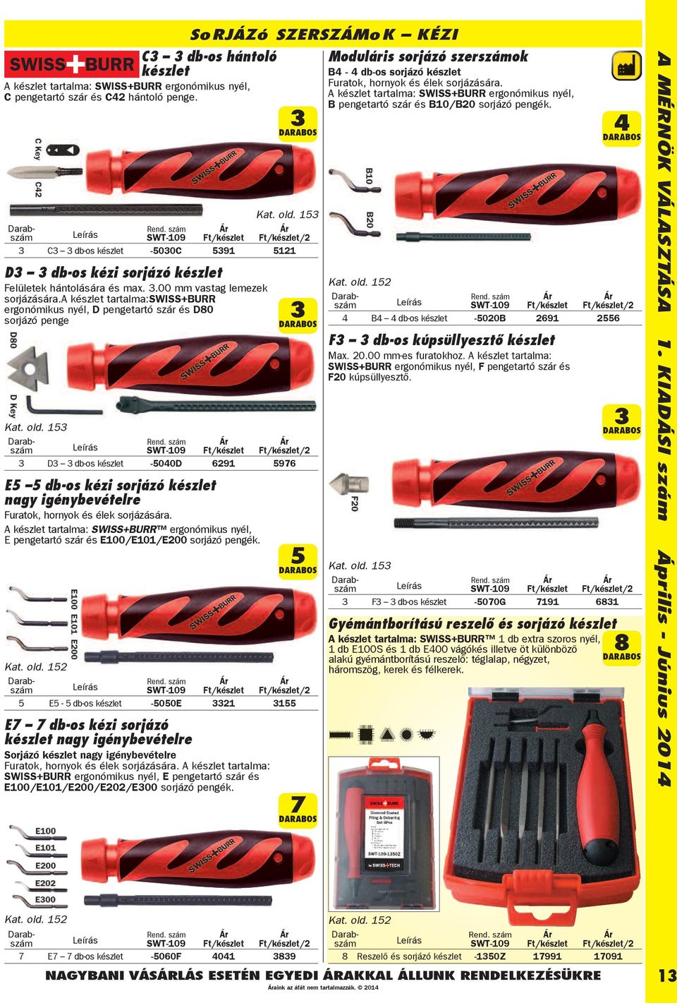 A készlet tartalma: SWISS+BURR ergonómikus nyél, E pengetartó szár és E100/E101/E200 sorjázó pengék.