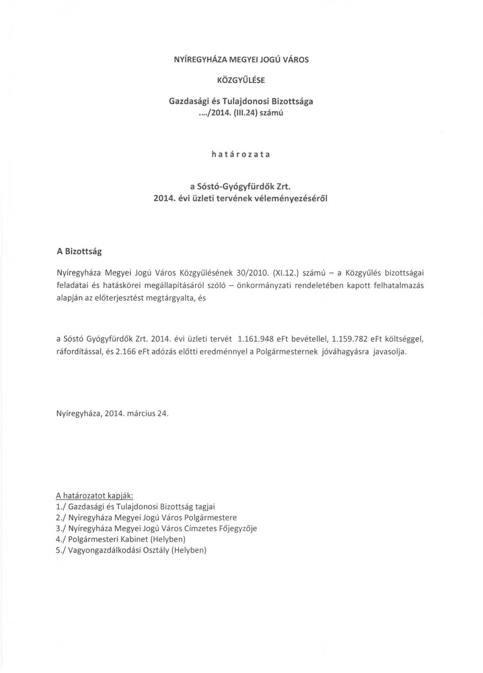 ) számú - a Közgyűlés bizottsága i feladatai és hatáskörei megállapításáról szóló - önkormányzati rendeletében kapott felhatalmazás alapján az előterjesztést megtárgyalta, és a Sóstó Gyógyfürdők Zrt.