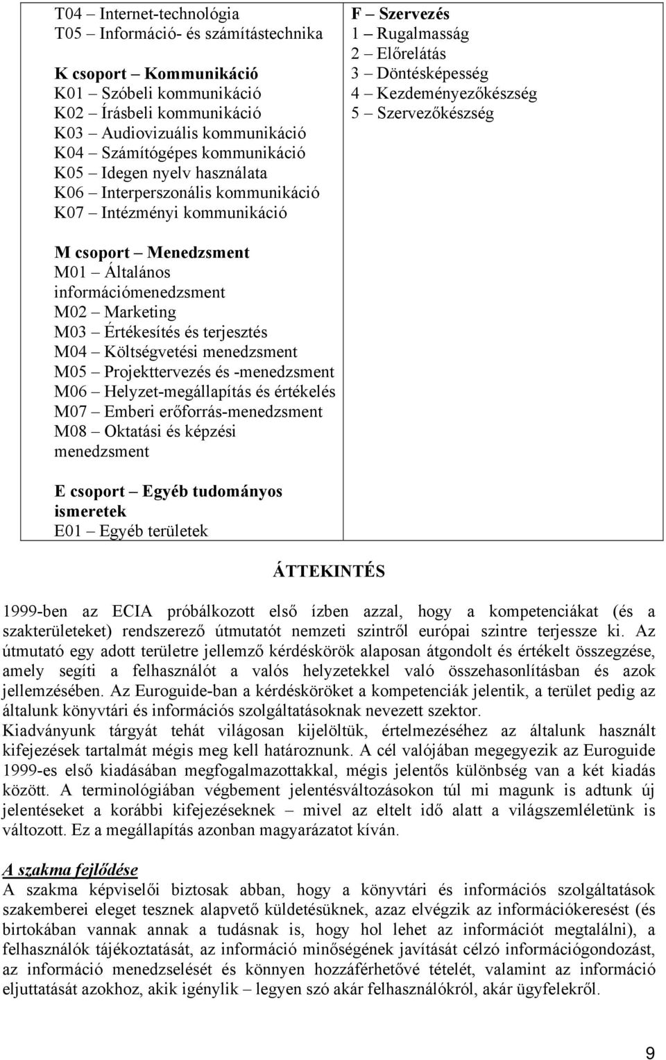 Menedzsment M01 Általános információmenedzsment M02 Marketing M03 Értékesítés és terjesztés M04 Költségvetési menedzsment M05 Projekttervezés és -menedzsment M06 Helyzet-megállapítás és értékelés M07