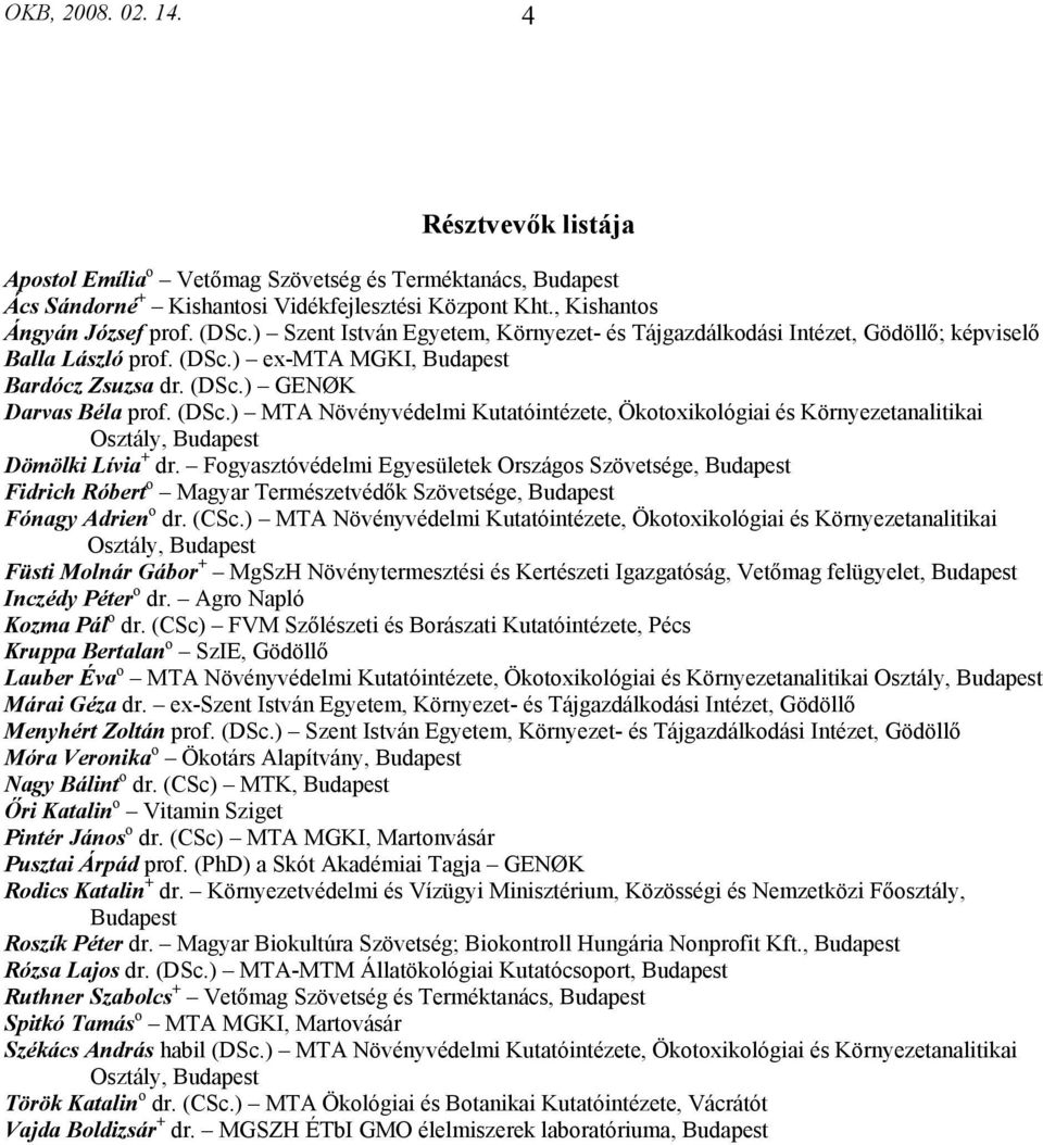 ) ex-mta MGKI, Budapest Bardócz Zsuzsa dr. (DSc.) GENØK Darvas Béla prof. (DSc.) MTA Növényvédelmi Kutatóintézete, Ökotoxikológiai és Környezetanalitikai Osztály, Budapest Dömölki Lívia + dr.
