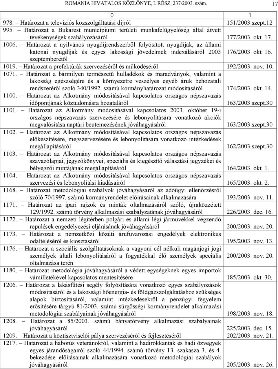 Határozat a nyilvános nyugdíjrendszerből folyósított nyugdíjak, az állami katonai nyugdíjak és egyes lakossági jövedelmek indexálásáról 2003 176/2003. okt. 16. szeptemberétől 1019.