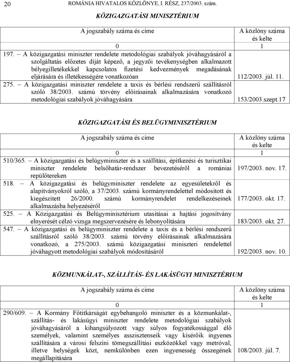 kedvezmények megadásának eljárására és illetékességére vonatkozóan 112/2003. júl. 11. 275. A közigazgatási miniszter rendelete a taxis és bérlési rendszerű szállításról szóló 38/2003.