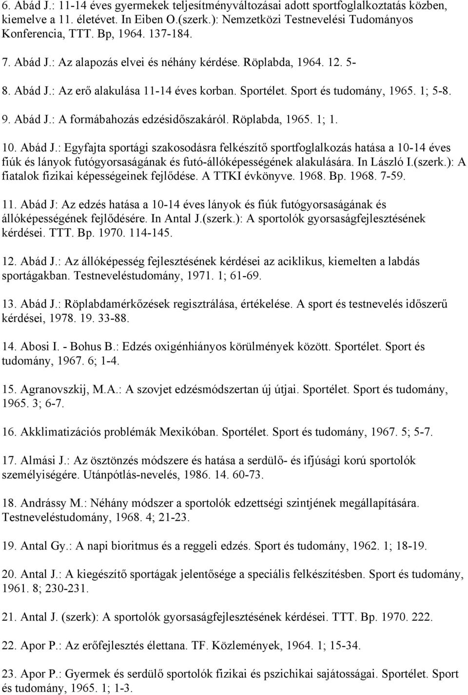 Röplabda, 1965. 1; 1. 10. Abád J.: Egyfajta sportági szakosodásra felkészítő sportfoglalkozás hatása a 10-14 éves fiúk és lányok futógyorsaságának és futó-állóképességének alakulására. In László I.