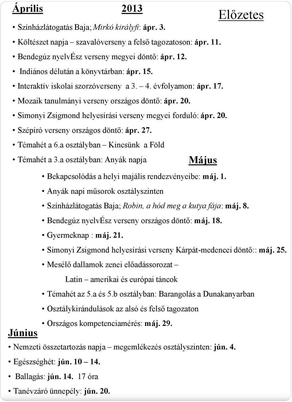 Simonyi Zsigmond helyesírási verseny megyei forduló: ápr. 20. Szépíró verseny országos döntő: ápr. 27. Témahét a 6.a osztályban Kincsünk a Föld Témahét a 3.