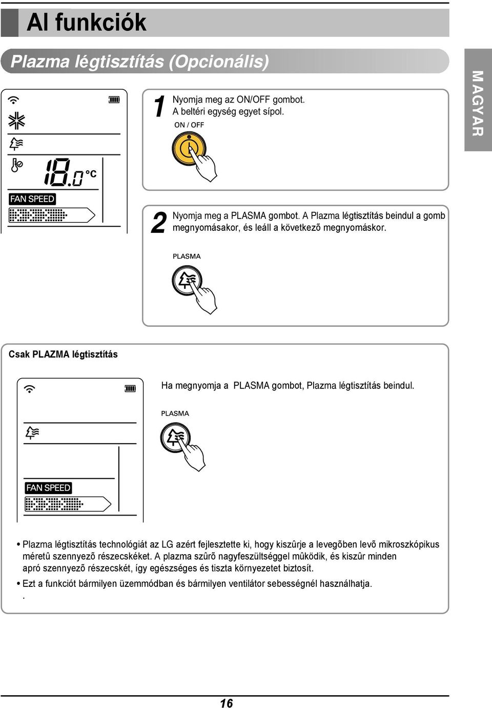 Csak PLAZMA légtisztítás Ha megnyomja a PLASMA gombot, Plazma légtisztítás beindul.