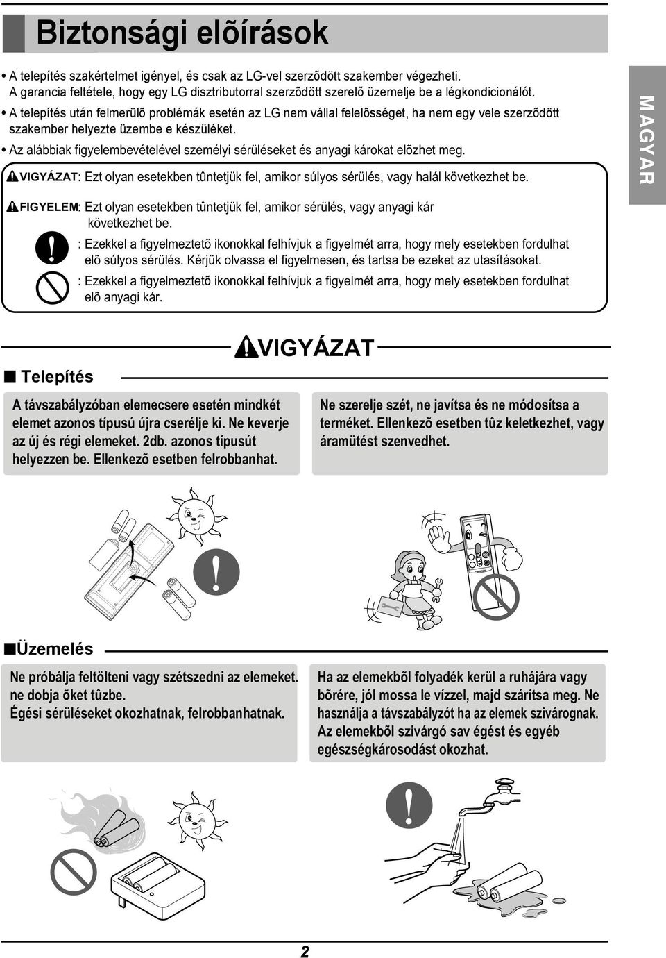 A telepítés után felmerülõ problémák esetén az LG nem vállal felelõsséget, ha nem egy vele szerzõdött szakember helyezte üzembe e készüléket.