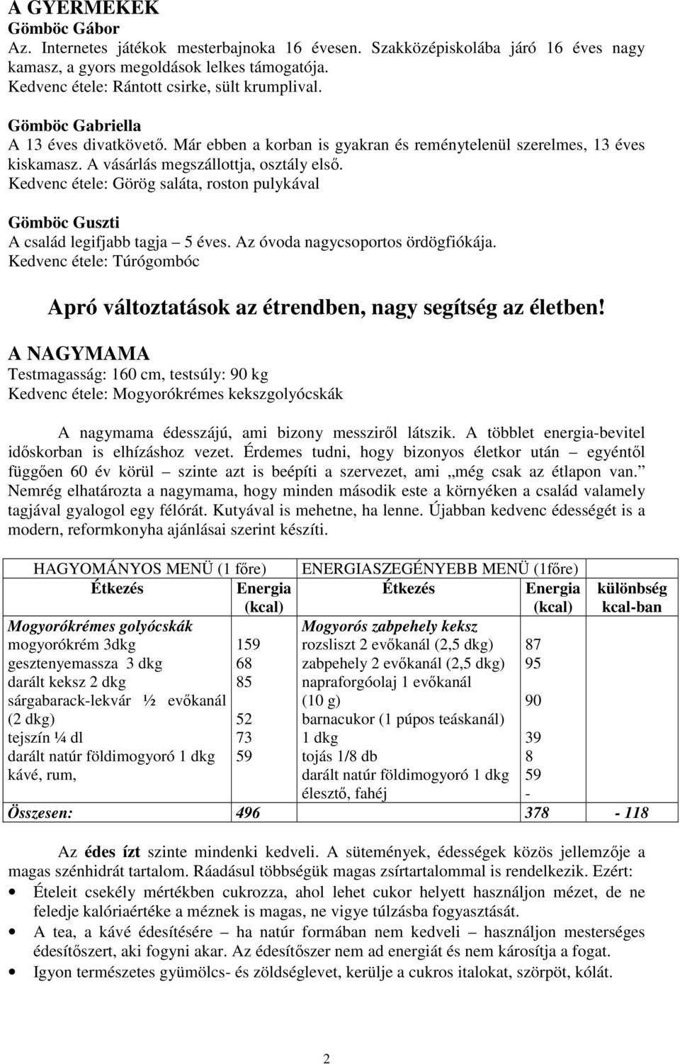 A vásárlás megszállottja, osztály elsı. Kedvenc étele: Görög saláta, roston pulykával Gömböc Guszti A család legifjabb tagja 5 éves. Az óvoda nagycsoportos ördögfiókája.