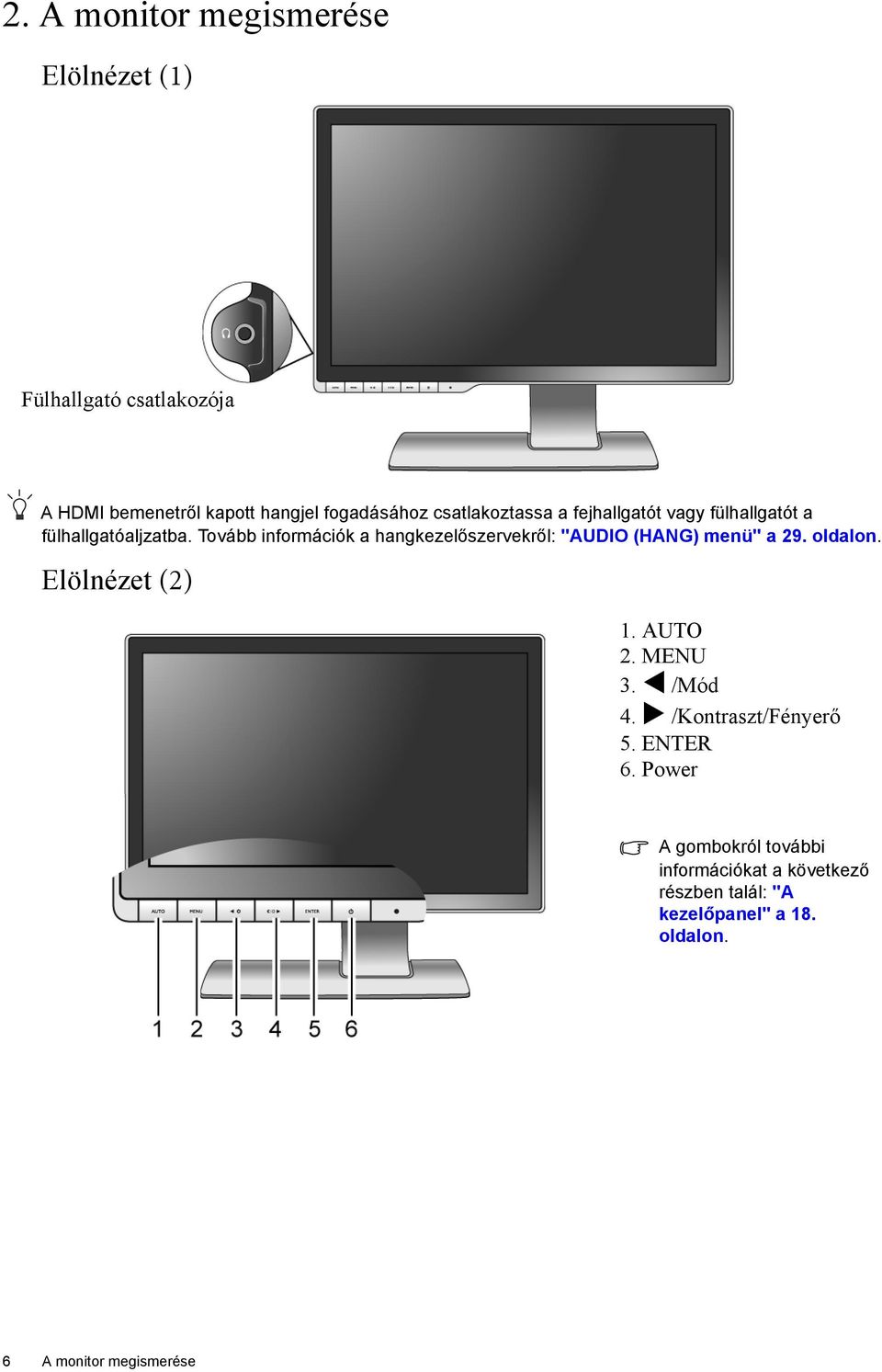 Tovább információk a hangkezelőszervekről: "AUDIO (HANG) menü" a 29. oldalon. Elölnézet (2) 1. AUTO 2. MENU 3.