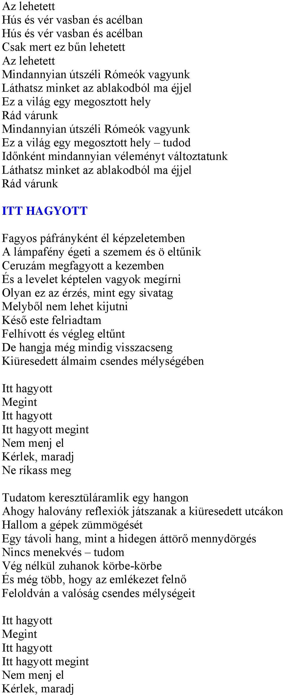 HAGYOTT Fagyos páfrányként él képzeletemben A lámpafény égeti a szemem és ö eltűnik Ceruzám megfagyott a kezemben És a levelet képtelen vagyok megírni Olyan ez az érzés, mint egy sivatag Melyből nem