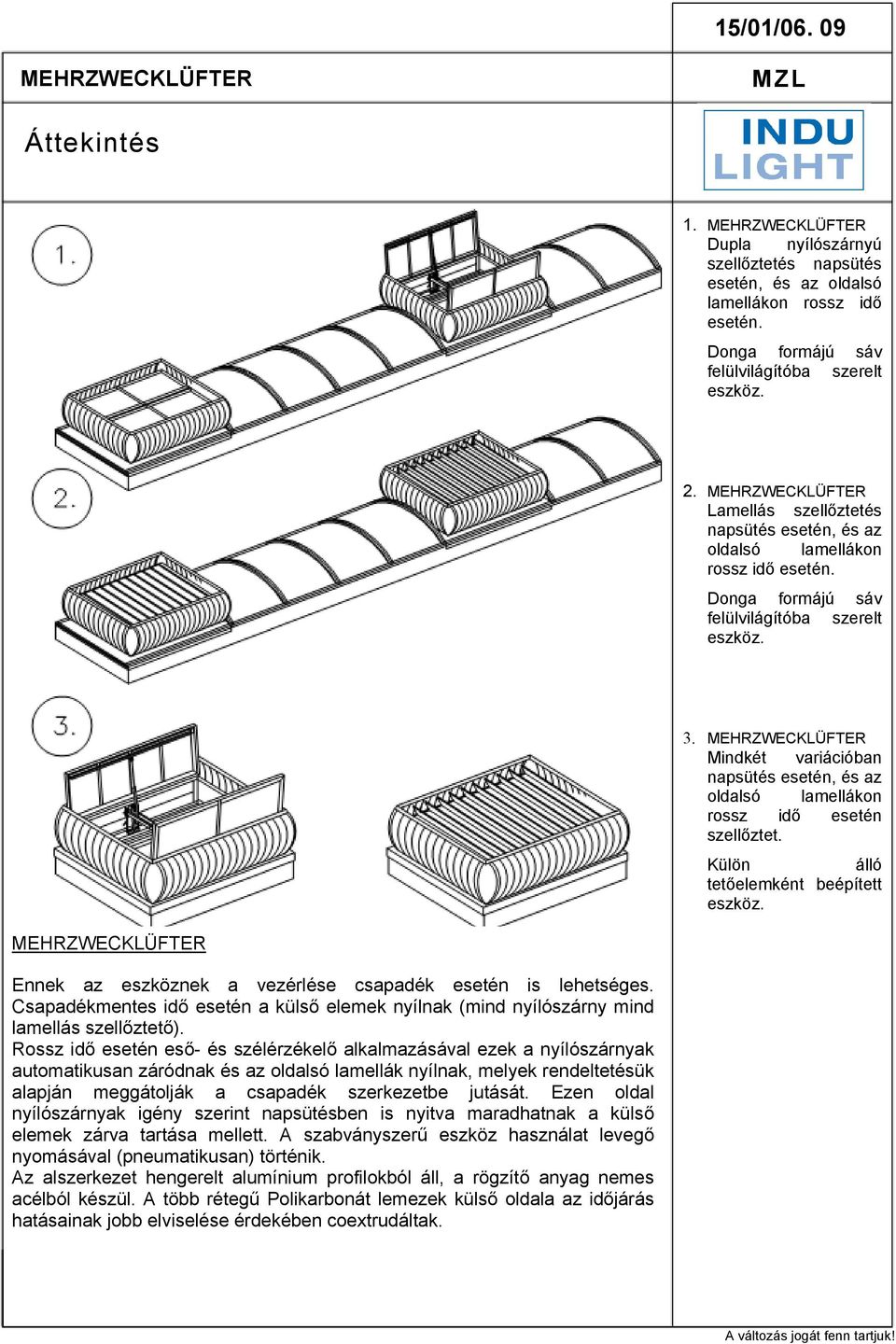 Mindkét variációban napsütés esetén, és az oldalsó lamellákon rossz idő esetén szellőztet. Külön álló tetőelemként beépített eszköz. Ennek az eszköznek a vezérlése csapadék esetén is lehetséges.