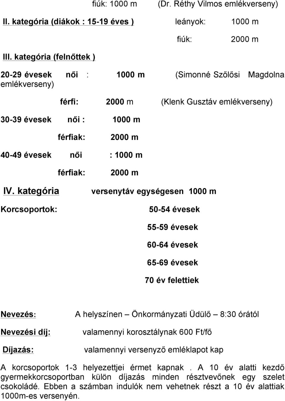 kategória Korcsoportok: férfiak: versenytáv egységesen 1000 m 50-54 évesek 55-59 évesek 60-64 évesek 65-69 évesek 70 év felettiek Nevezés: Nevezési díj: Díjazás: A helyszínen Önkormányzati Üdülő 8:30