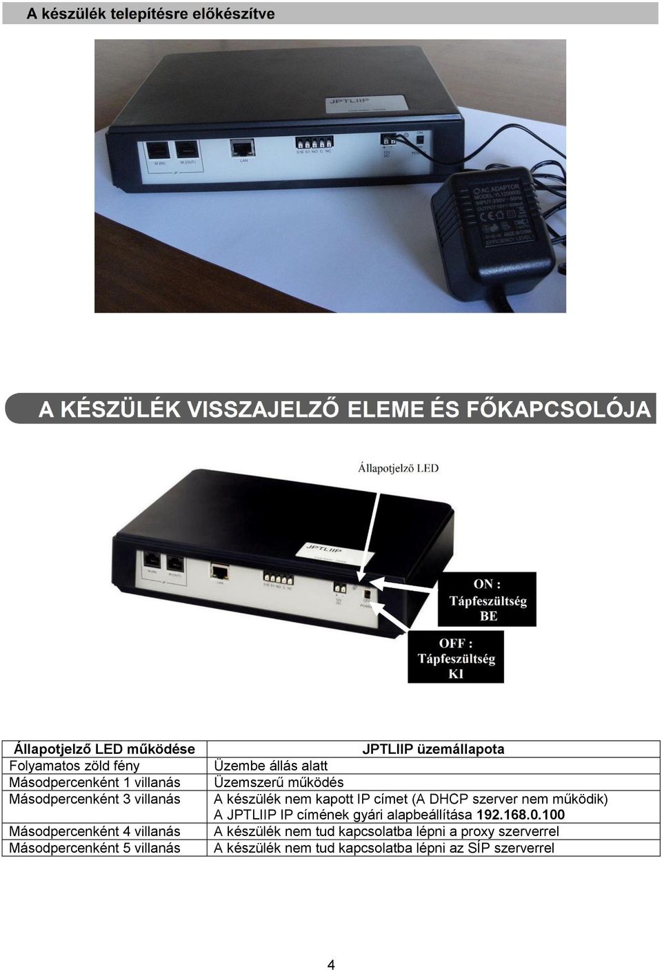 működés A készülék nem kapott IP címet (A DHCP szerver nem működik) A JPTLIIP IP címének gyári alapbeállítása