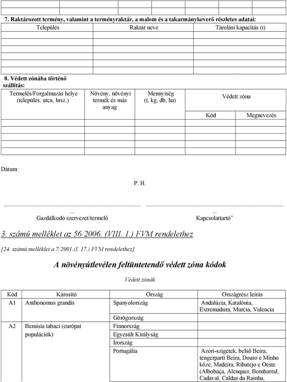 ...... Gazdálkodó szervezet/termelő...... Kapcsolattartó 3. számú melléklet az 56/2006. (VIII. 1.) FVM rendelethez [24. számú melléklet a 7/2001.(I. 17.