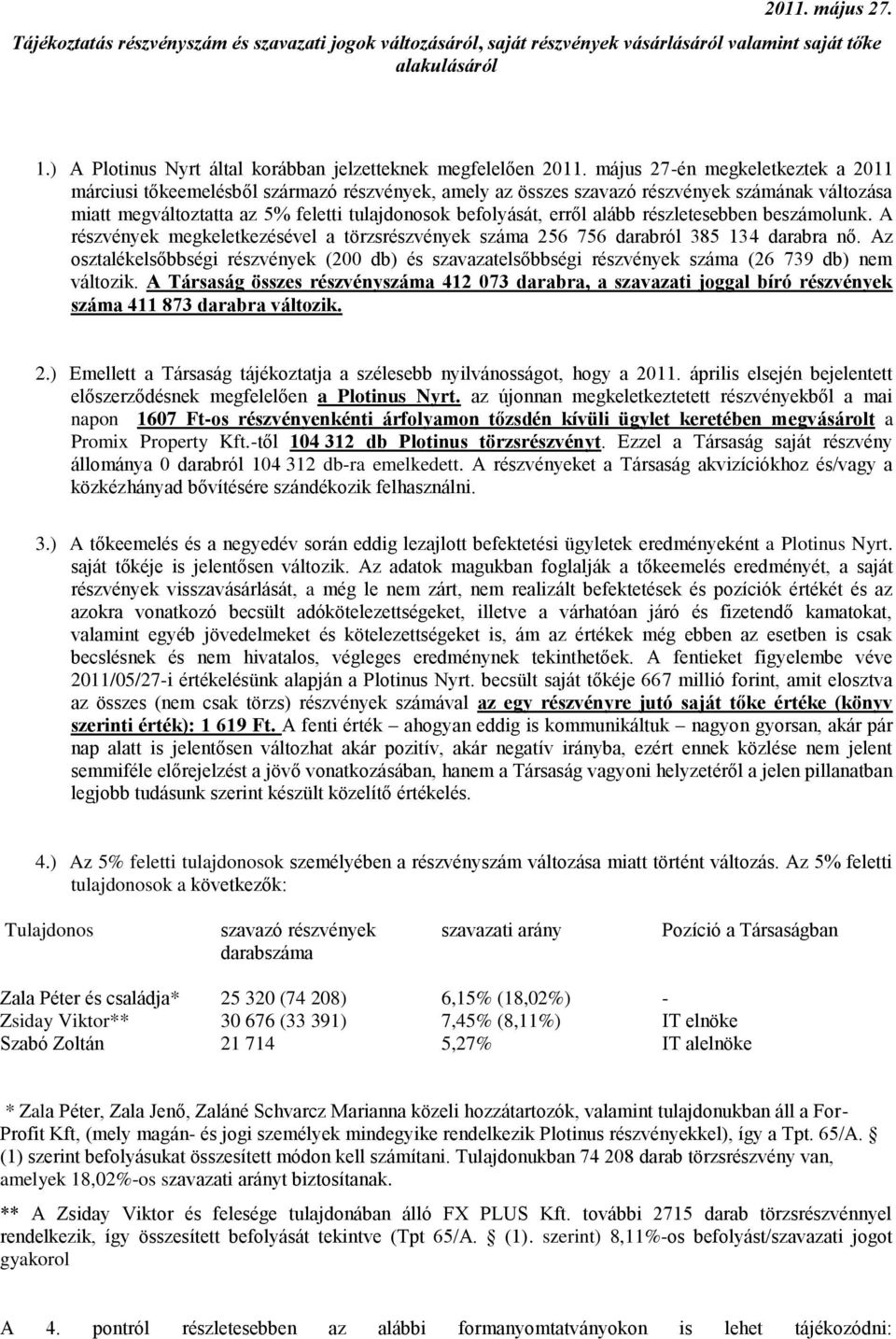 május 27-én megkeletkeztek a 2011 márciusi tőkeemelésből származó részvények, amely az összes szavazó részvények számának változása miatt megváltoztatta az 5% feletti tulajdonosok befolyását, erről