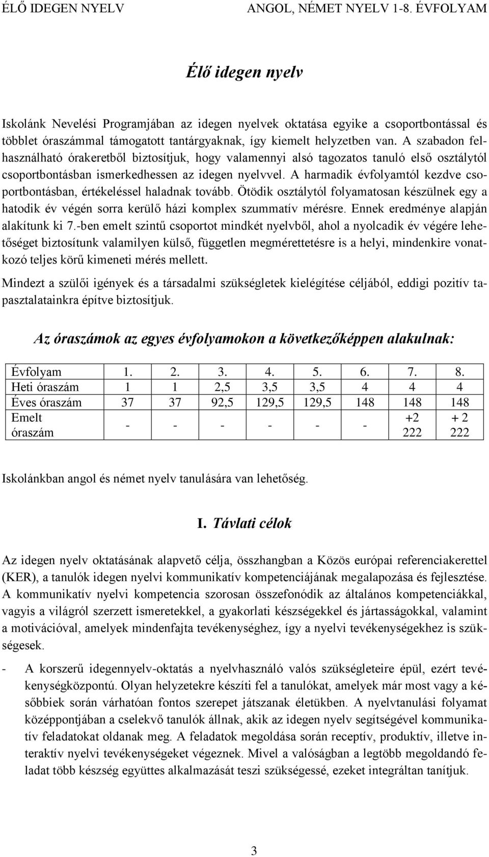 A harmadik évfolyamtól kezdve csoportbontásban, értékeléssel haladnak tovább. Ötödik osztálytól folyamatosan készülnek egy a hatodik év végén sorra kerülő házi komplex szummatív mérésre.