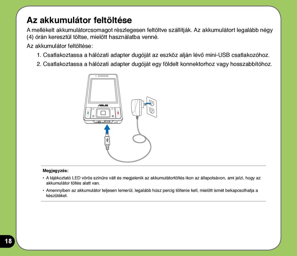 Csatlakoztassa a hálózati adapter dugóját az eszköz alján lévő mini-usb csatlakozóhoz. 2.