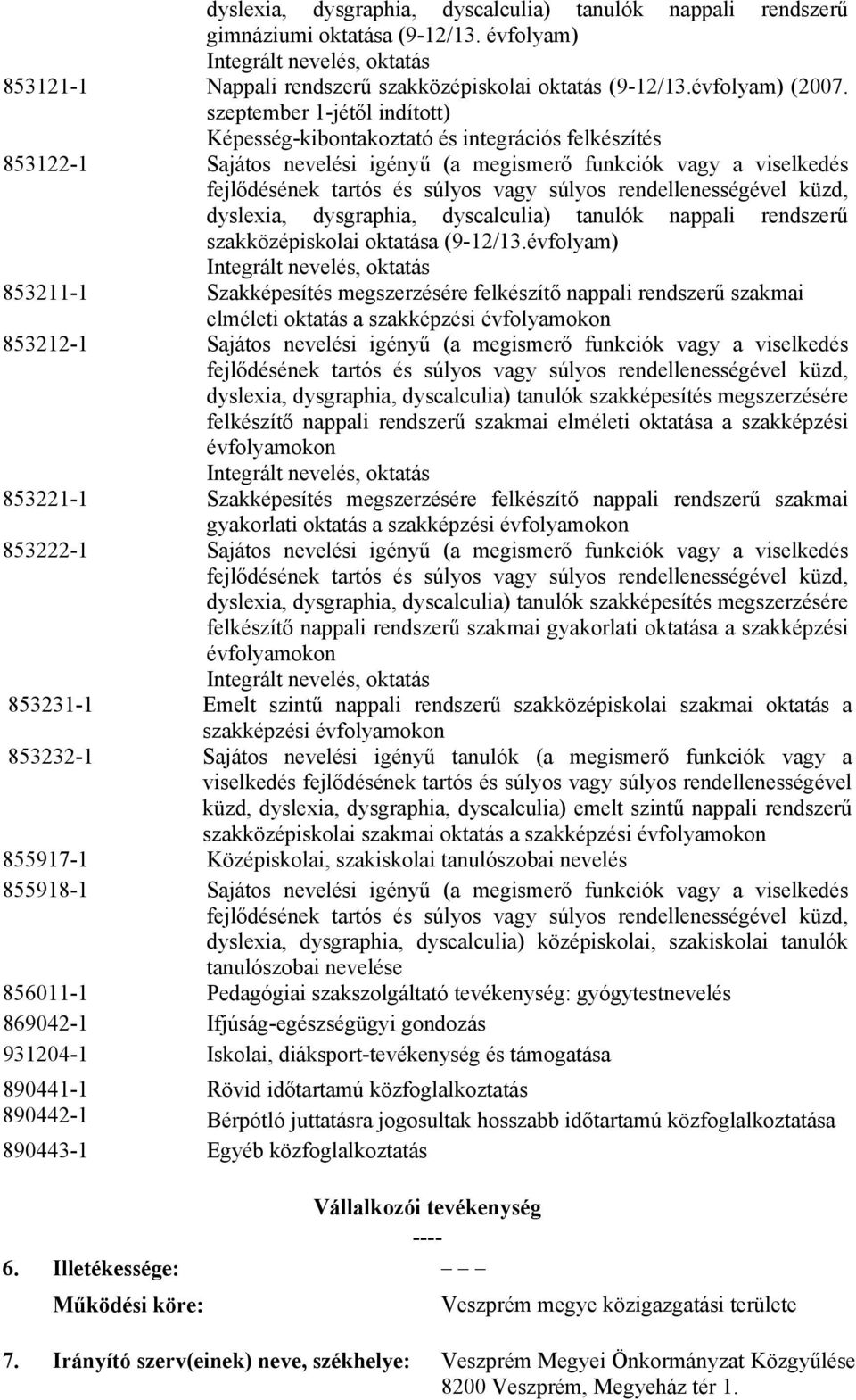 szeptember 1-jétől indított) Képesség-kibontakoztató és integrációs felkészítés 853122-1 Sajátos nevelési igényű (a megismerő funkciók vagy a viselkedés fejlődésének tartós és súlyos vagy súlyos