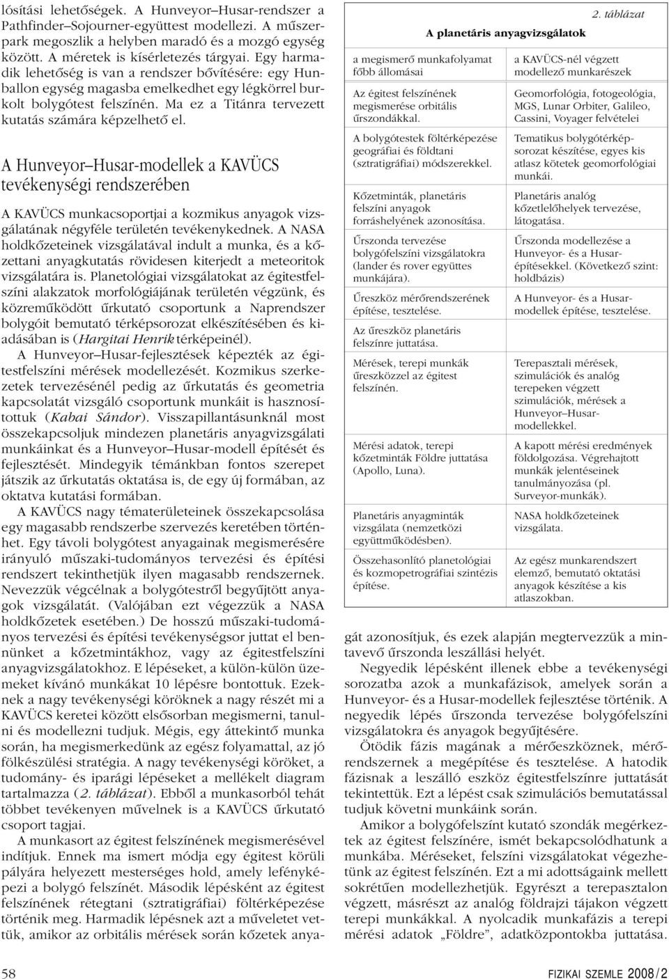 A HunveyorHusar-modellek a KAVÜCS tevékenységi rendszerében a megismerô munkafolyamat fôbb állomásai Azégitest felszínének megismerése orbitális ûrszondákkal. 2.