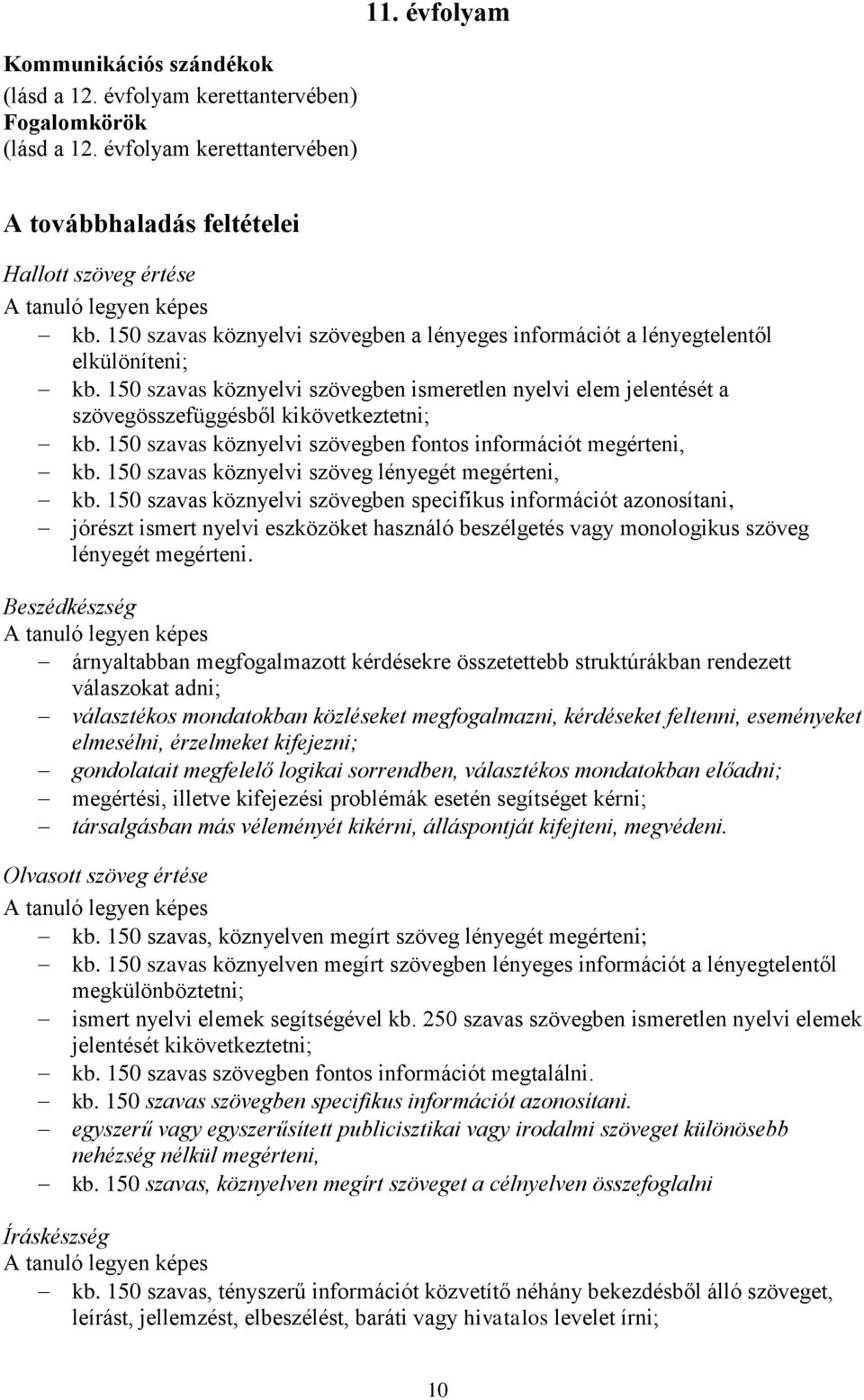 150 szavas köznyelvi szövegben ismeretlen nyelvi elem jelentését a szövegösszefüggésből kikövetkeztetni; kb. 150 szavas köznyelvi szövegben fontos információt megérteni, kb.